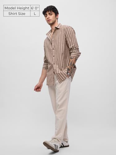 Image of The Souled Store Cotton Linen Stripes: Azure Men and Boys Long Sleeves Collared Neck Button Front Regular Fit Cotton Linen Shirts