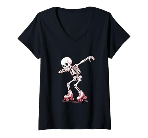 Mujer Dabbing Skeleton On Roller Skate Zapatos Divertidos Patinaje Sobre Ruedas Camiseta Cuello V