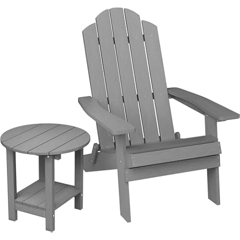 MXIMU Folding Plastic Adirondack Chair and Table Set, Fire Pit Seating, Foldable Outdoor Lounger Armchair, Lawn Chairs Furniture for Beach Poolside Balcony Patio Grey Cover