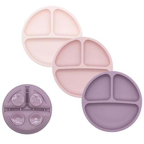 Image of WeeSprout Suction Plates for Babies & Toddlers - 100% Silicone, Dinnerware Stays Put, Divided Design for Picky Eaters, Microwave & Dishwasher Friendly, 3 Pack (Matte Pink, Purple & Blush Pink)