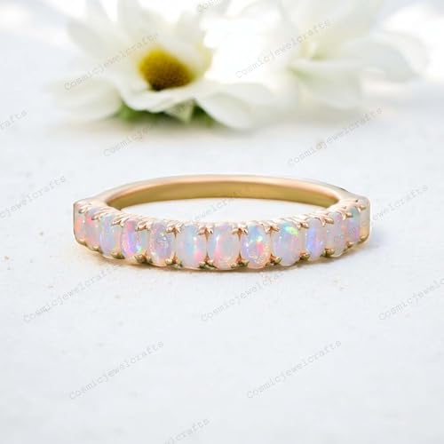 Half Eternity Opal Wedding Band 14K Yellow Gold Proposal Ring October Birthstone Women's Day Gift Elegant Bridal Matching Stackable Band For Women BY COSMICJEWELCRAFTS2