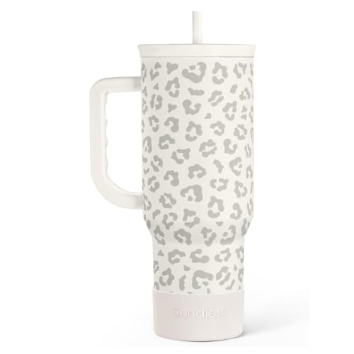 Image of SANDJEST Leopard Tumbler with Handle, Insulated Cup Stainless Steel Travel Mug Cup, Gifts for Women Girl on Birthday Christmas, Cream Leopard, 40oz