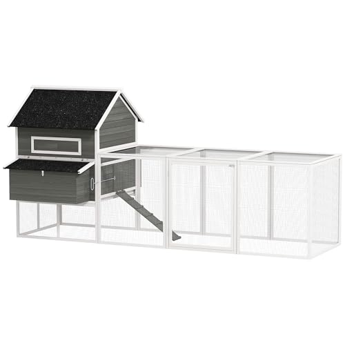 PawHut Gallinero de Madera Grande Exterior, 347x160x150 cm para 4 6 Gallinas, Caseta para Gallinas con 2 Nidos, Corral, Techo Asfáltico, Bandeja Extraíble y Rampa, Casa Elevada, Conejera, Gris Oscuro