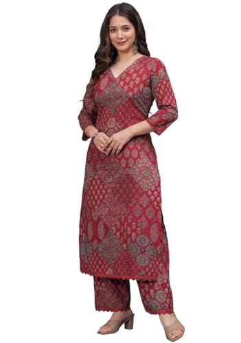 Image of rytras Women Pure Cotton Printed Straight Kurta Set with Palazzo Pants - Ethnic Wear