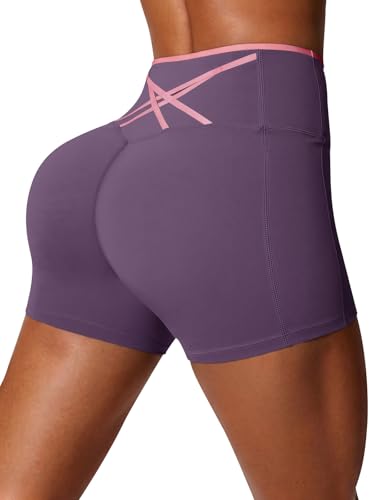 Aoysky Womens Workout Biker Shorts 5" Color Block High Waisted Yoga Athletic Shorts Violet