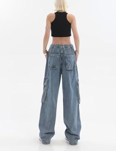 Perbai Women's Baggy Cargo Jeans Low Rise Wide Leg Denim Pants Y2K Streetwear with Pockets4