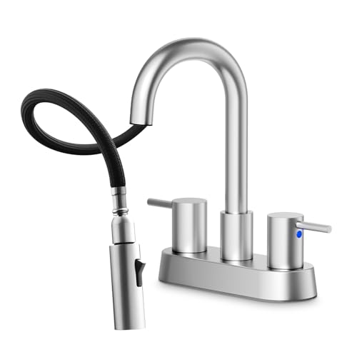 NOHALIPY Stainless Steel Brushed Nickel Bathroom Faucet with Pull Out Sprayer, Dual-Function Spout Bathroom Sink Faucets, 4 Inch Two Handle Utility Sink Faucet with Sprayer 3 Hole, Pet Shower, RVs