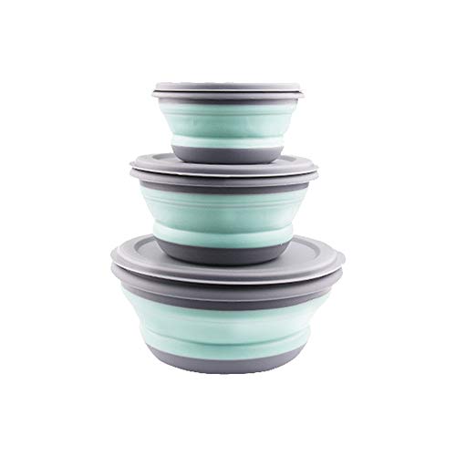 TONIJAWES 3 Stücke Camping Foldable Bowl,Faltschüssel mit Deckel,Tragbare Faltbare Schüssel Frischhalteboxen,Runden Silikon Frischhaltedose für Camping Wandern Küche Schule im Freien (Grün) Cover