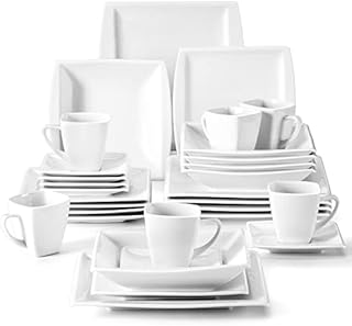 MALACASA Square Dinnerware Set, 30-Pieces Ivory White Dinnerware Sets for 6, Porcelain Dishes Dinner Set with Plates and Bowls Set, Cups and Saucers, Modern Dishes Set Microwave Safe, Series Blance