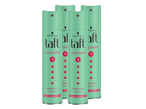 Taft Spray de volumen para el cabello, grado de retención 5 (250 ml), spray de peinado que da volumen y sujeción al cabello fino, laca sin siliconas para hasta 24 horas de duración, 4 x 250 ml
