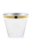 DRINKET Gold Plastic Cups 9 oz Clear Plastic Cups / Old Fashioned Tumblers Fancy Plastic Wedding Cups With Gold Rim 50 Ct Disposable For Party Holiday and Occasions SUPER VALUE PACK