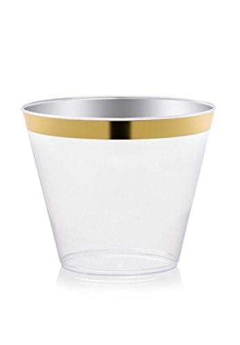 DRINKET Gold Plastic Cups 9 oz Clear Plastic Cups / Old Fashioned Tumblers Fancy Plastic Wedding Cups With Gold Rim 50 Ct Disposable For Party Holiday and Occasions SUPER VALUE PACK