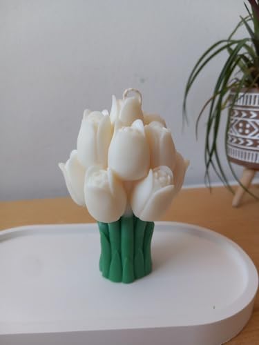 Image of Tulip Bouquet Decorative Candle, White & Green Floral Sculpted, Aesthetic Home Decor Accent for Bedroom, Living Room & Tabletop, Giftable Flower Candle