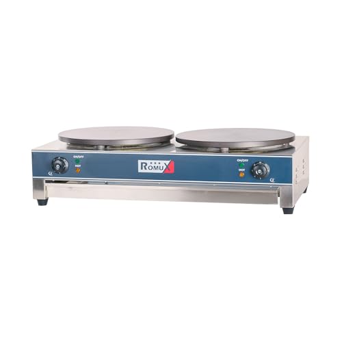 Romux® Crepera Profesional Doble Eléctrica de Sobremesa en acero inoxidable con 2 Placas de Hierro Fundido de 40 cm Ø | Crepera Industrial - 6000 W