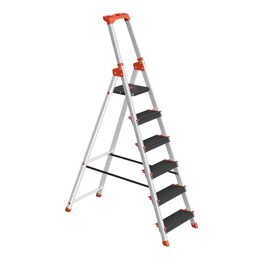 SONGMICS Échelle 6 Marches, en Alliage d'Aluminium, Escabeau, Largeur de la Marche 12 cm, Pliable, Plateau à Outil, Pieds Antidérapants, Capacité de Charge 150 kg, Noir et Orange GLT06BK