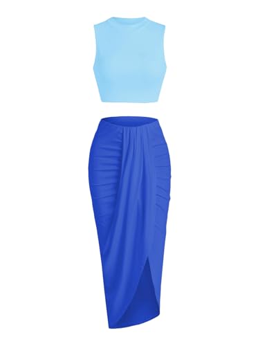 Image of ZAFUL Women's Casual Sleeveless Summer Two Piece Outfits Crop Top and Side Split Draped Ruched Maxi Skirt Set Solid Suiting
