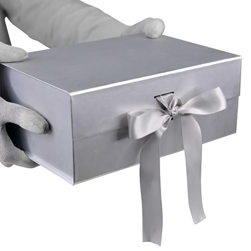 Image of RBS - Queen Victoria Luxury Matte Silver Foldable Gift Box 23 x 16 x 10 cm with Ribbon Decorative Empty Packaging Box for Gifting Multipurpose Storage Organizer Holds up to 5 Kg (Silver)