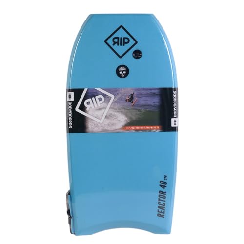 RIP Bodyboard - RIP Reactor EPS 40 + Flat Leash - 6 Combinaisons de Couleurs, CXLPE 4mm Deck,Crescent Tail, Stringer en Fibre, 50/50 Simple Rail - Livré avec plugIdéal pour débutant (Bleu/Orange)