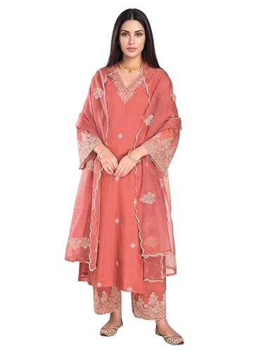 Image of Royal Export Women's Kurta Set | Viscose Silk Floral Embroidered Straight Kurta Pant Dupatta Set Kurta Sets for Women | Ladies Kurta Set (RX60-P)