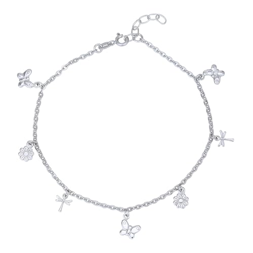 Sterling Silver Jewelry - Rhodium Plated 925 Stamp - Dangling Multi-Charm Anklet - Foot Jewelry Stylish Beautifully Designed - 9