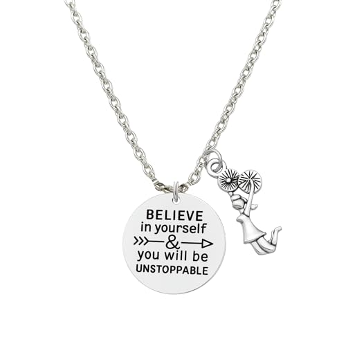 Cheer Necklace – Believe in Yourself & You Will Be Unstoppable Charm Pendant, Cheerleading Jewelry Gift for Teams & Cheerleaders