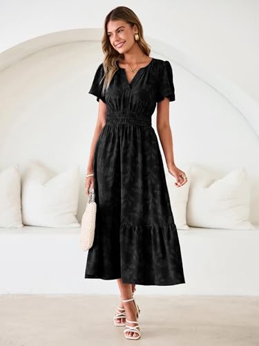 Image of Simplee Womens Summer Boho Maxi Dress Semi Formal Wedding Guest Short Sleeve V Neck Empire Waist Floral Long Dresses