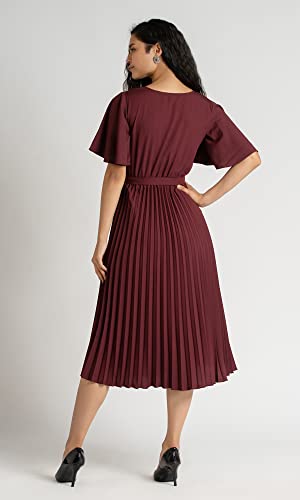 Image of Women's Crepe Pleated Bell Sleeves with Belt One Piece Western Dress (S V F 501)