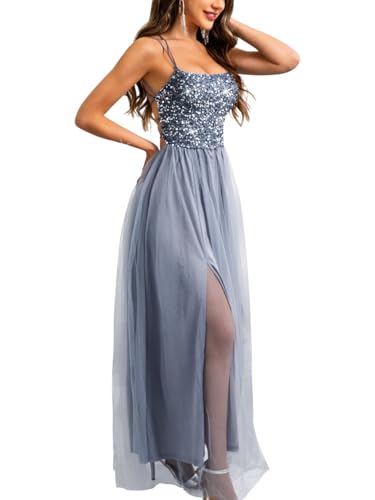 Image of ShawGobow Tulle Prom Dress with Slit,Sequin Backless Long Flowy Dresses for Women,Sexy Sparkly Outfits Homecoming Wedding