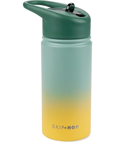 Skip Hop Botella de agua aislada de acero inoxidable con popote, capacidad para 15.8 onzas, sin BPA, color verde degradado