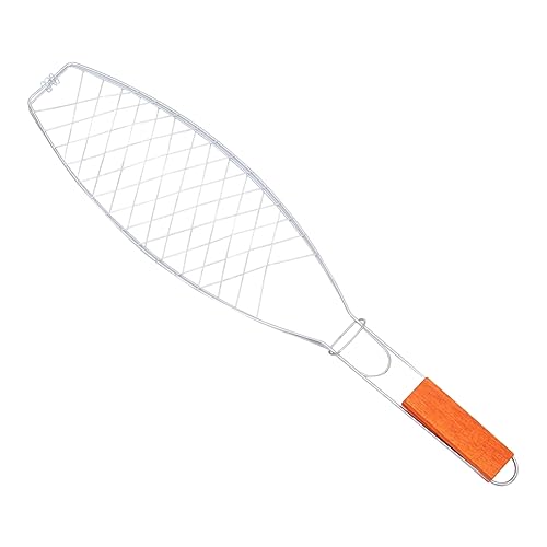 BEBEMOKO 2 pinzas de pescado a la parrilla con mango de madera, herramienta de malla antiadherente para camping, picnic, actividades al aire libre, barbacoa, agarre cómodo, diseño compacto duradero