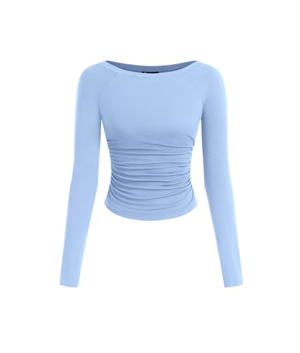 PRETTYGARDEN Long Sleeve Shirts for Women 2025 Fall Ruched Sides Boat Neck Basic Tee Casual Fitted Ribbed Knit Crop Tops