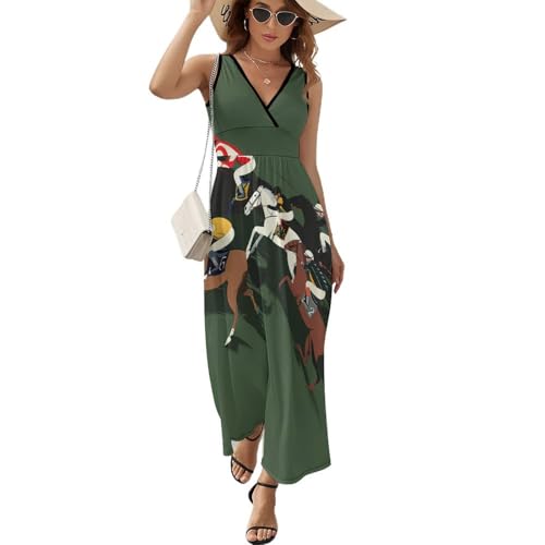 Race Horse Horserace Sleeveless Maxi Dress for Women V Neck Casual Long Dresses Summer Beach M