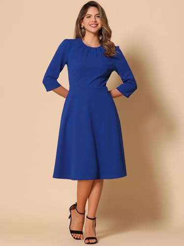 Image of Allegra K Elegant Work Dress for Women's 3 /4 Sleeve Round Neck Pockets Vintage A-Line Swing Midi Dress