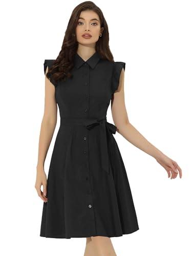 Image of Allegra K Women's Ruffled Sleeve Casual Office Dress Tie Waist Button Down Cotton Shirt Dresses