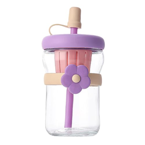 Botellas de vidrio reutilizables, botella de agua de vidrio de ancha de 500 ml, a prueba de fugas, con popote de silicona, para bebidas frías y calientes, té, leche, mujeres, hombres