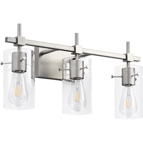 Image of SOLFART 3 Lights Vanity Light Bathroom Light Fixture Over Mirror for Bathroom Glass Shade Lights Brushed Nickel Vintage Lighting Fixture