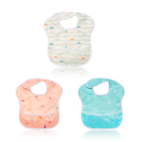Image of Little Dimsum 3 Pack baby bib waterproof bib easy to clean feeding bib weaning bib adjustable closure suitable for children with large pockets for 6-36 months (ocean)