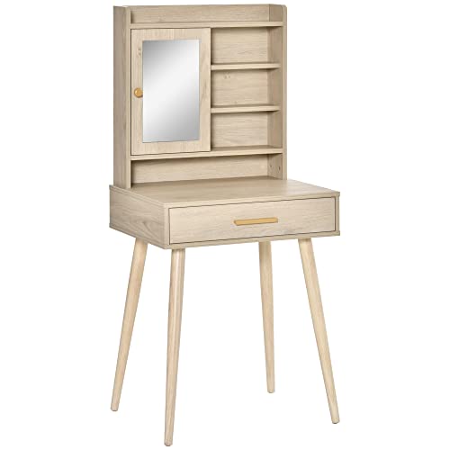 HOMCOM Coiffeuse Design scandinave avec Miroir - Table de Maquillage - Grand tiroir, 4 étagères, Placard Porte avec étagère - piètement hévéa Panneaux Particules Aspect chêne Clair