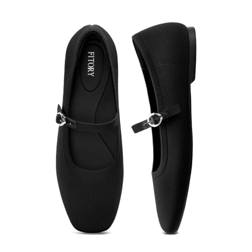 Image of FITORY Flats for Women, Mary Jane Ballet Square Toe Knit Ankle Strap Shoes