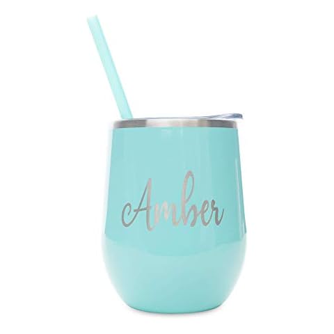 Customiz Stemless Wine Glass Tumbler Insulated Stainless Steel 12 oz - Keep Drinks Hot or Cold for Hours with BPA-Free Straw and Lid - 12 Fonts & 14 Colors Available! Cover