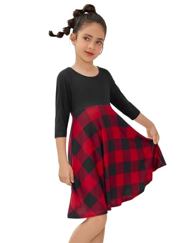QPANCY Girls Buffalo Check Dress 3/4 Sleeve Christmas Dress Kids Casual Dresses