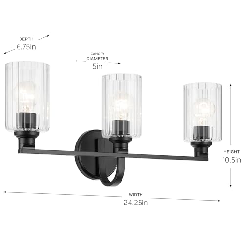 Image of Kichler Gioe 24.25 inch 3-Light Bathroom Vanity Light Fixture with Clear Fluted Glass in Black, Modern Wall Mount Over Mirror for Powder Room, Damp Rated (24.25 inch W x 10.5 inch H), 55226BKFLU