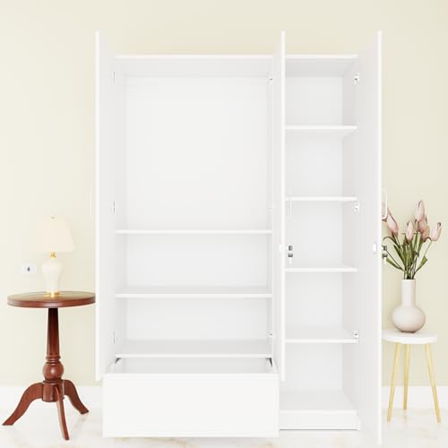 Image of VIKI Wardrobe | Wooden Almirah for 3 Door Wardrobe with 1 Drawer & Hanging Space (Frosty White - 40D x 120W x 180.8H) | 1 Year Warranty | Free Assembly