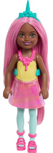 Barbie Chelsea Unicorn - Muñeca pequeña (6 pulgadas) con pelo rosa que lleva cola extraíble, zapatos y accesorio para el cabello, juguete de 6 pulgadas