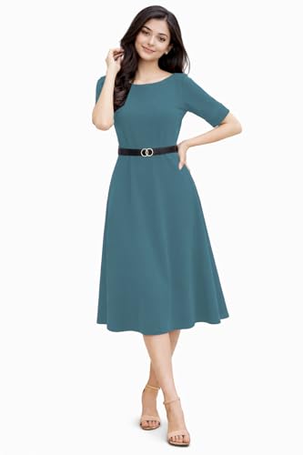 Image of Women's Elegant Midi Dress with Belt | Half Sleeve Fit & Flare Casual Dress | Knee Length Office Party Western Dress for Women