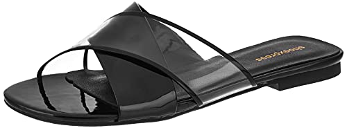 Image of shoexpress Women Black Solid Pu Open Toe Flats Sandal