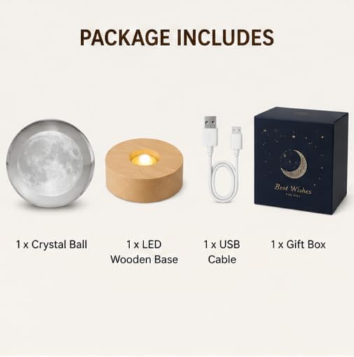 Image of Crystal Ball Night Light with Wooden Base, 3D Crystal Ball Night Lamp Touch Control LED Lamp, Bed Side Table Lamps for Bedroom, Table Lamp for Study Room, Home Decoration Items (Moon)