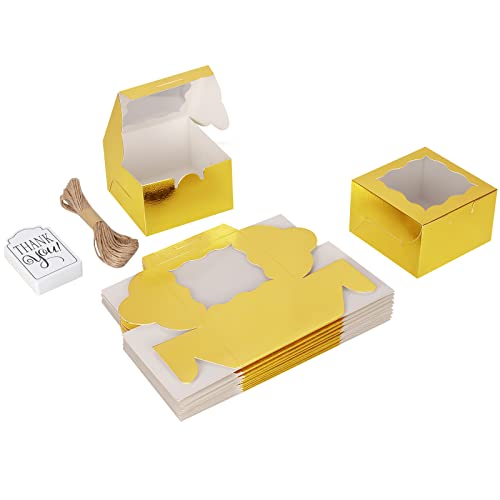 KPOSIYA 60 Pcs Gold Bakery Boxes with Window Individual Cupcake Boxes 4x4x2.5 Inches Cookie Boxes Kraft Paper Gold Gift Box for Pastries, Cookies, Pie, Donuts, Macaroon