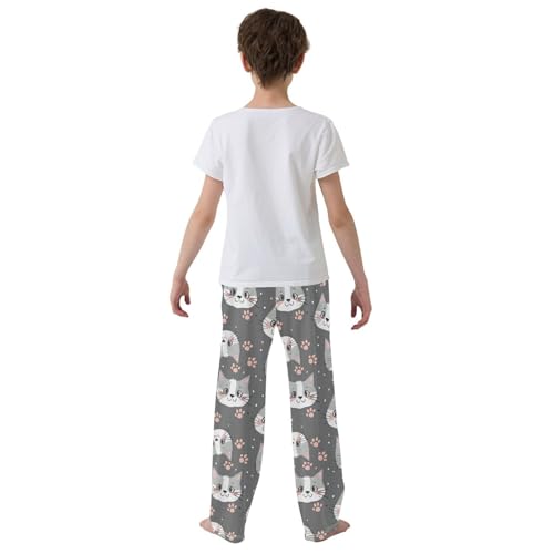 Cat Face Pajamas Bottoms with Pockets Comfy Pjs Sleepwear Elastic Waistband Pajamas Pants Lounge Pants for 6-14 Years3