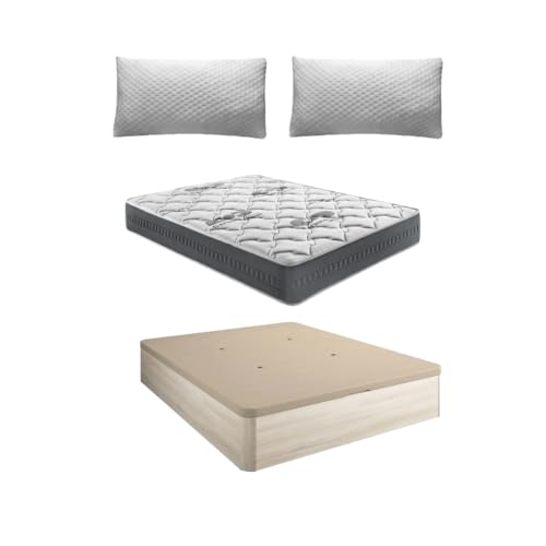 Shiito | Pack de Descanso: Colchón de Alta Densidad 135x190 cm + Canapé con Tapa Transpirable 3D en Acabado Ártico + 2 Almohadas Viscoelástica de 70 cm | Confort y organización en un Solo Conjunto